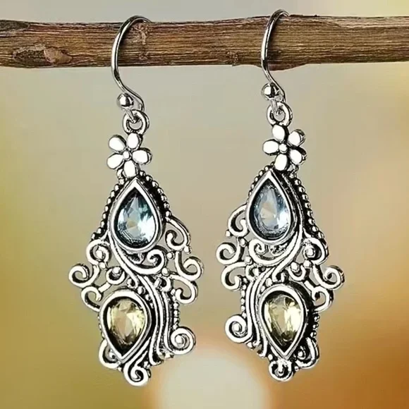 Vintage Silver Floral Gemstone Dangle Boho Earrings Nwt - Picture 2 of 5